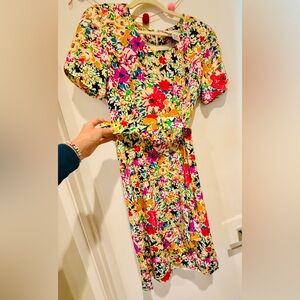 Vintage Silk 80’s dress belted shoulder pads 90’s multicolor medium sz 10